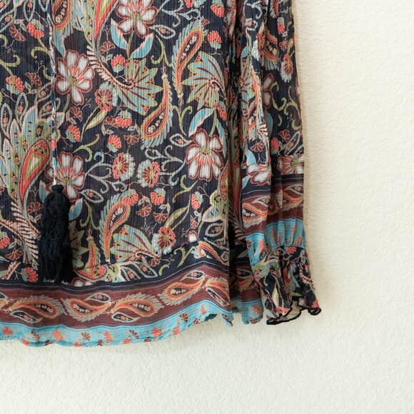 Sundance Silk Peasant Blouse Womens Small Floral Tassel Tie Sheer Boho Top - Picture 6 of 13